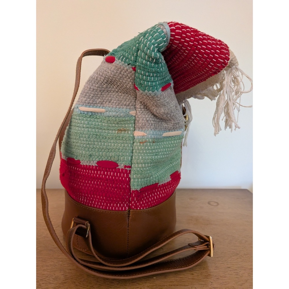 Boho Woven Textile Leather Bucket Backpack Fringe Multi-Color Striped Purse - Picture 5 of 14